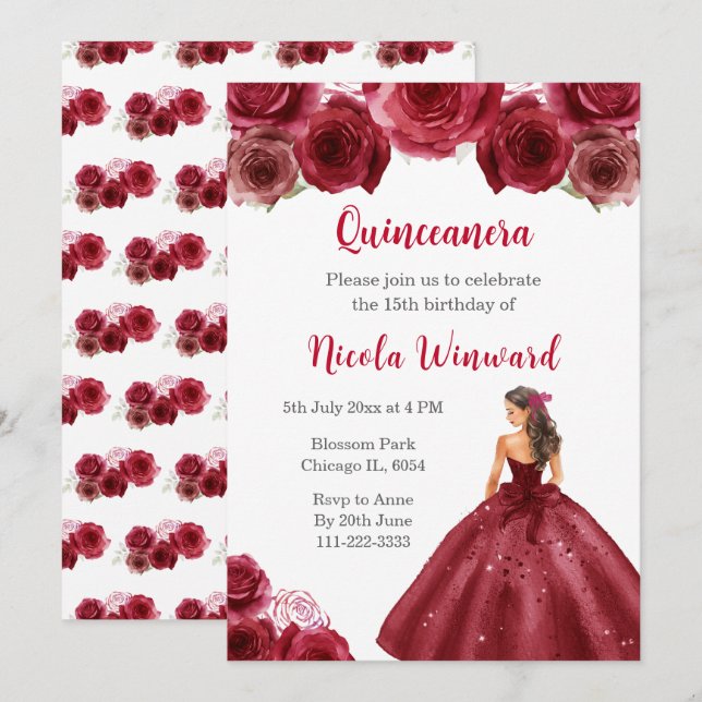 Convites Princesa Floral em Red Dress Quinceanera (Frente/Verso)