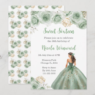 Convites Princesa Floral em Sage Green Dress Doce Dezesseis