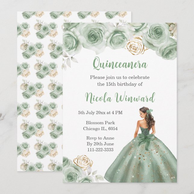 Convites Princesa Floral em Sage Green Dress Quinceanera (Frente/Verso)