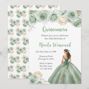 Convites Princesa Floral em Sage Green Dress Quinceanera