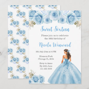 Convites Princesa Floral em Vestido Azul Doce Dezesseis