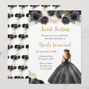 Convites Princesa Floral em Vestido Negro Doce Dezesseis