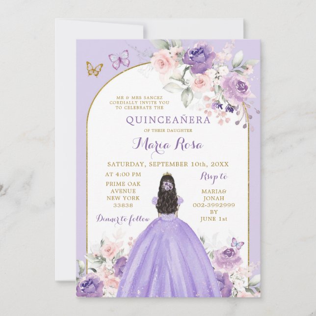 Convites Princesa Floral Lilac Rosa Blush Quinceañera (Frente)
