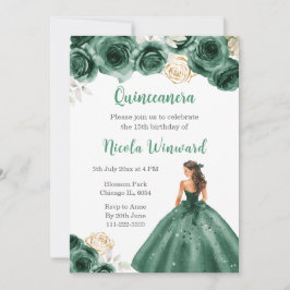 Convites Princesa Floral na Cintura Verde Escura Quinceaner