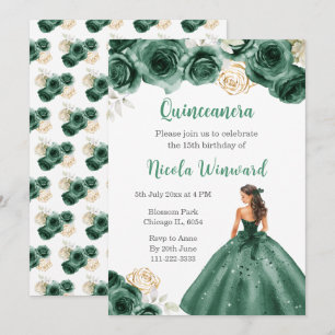 Convites Princesa Floral na Cintura Verde Escura Quinceaner