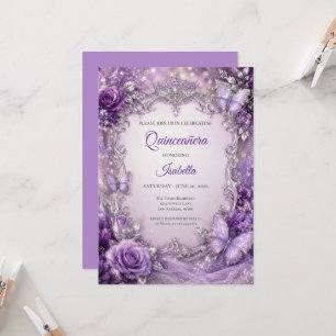 Convites Princesa Floral Prata Roxa Quinceañera