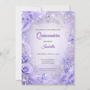 Convites Princesa Floral Prata Roxa Quinceañera