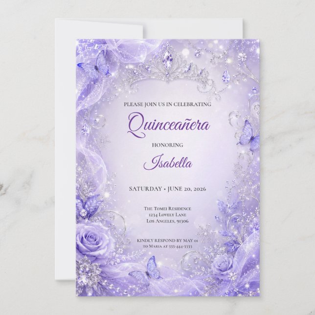 Convites Princesa Floral Prata Roxa Quinceañera (Frente)