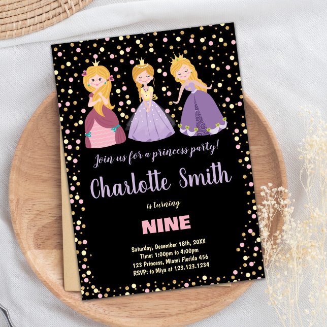 Convites Princesa Floral Preta Rosa - Incêndio Aniversário (Black Pink Floral Princess Birthday Invitations)