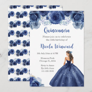 Convites Princesa Floral, Quinceanera Marinho Azul