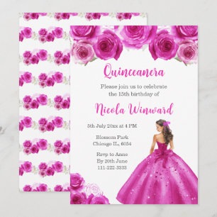 Convites Princesa Floral, Quinceanera, Vestido Rosa Quente