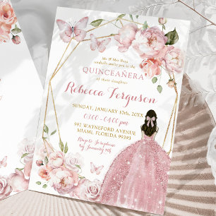 Convites Princesa Floral Rosa Dourada Mexicana Quinceañera