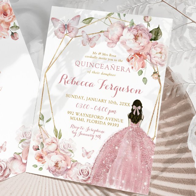 Convites Princesa Floral Rosa Dourada Mexicana Quinceañera (Criador carregado)