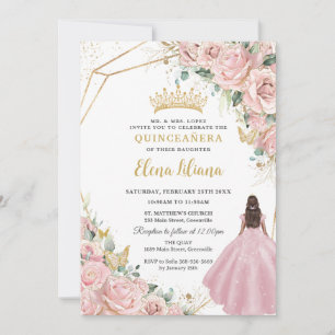 Convites Princesa Floral Rosa Dourada Quinceanera 15 XV