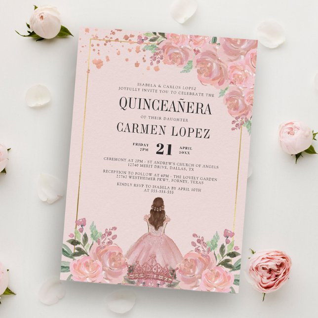 Convites Princesa Floral Rosa Esbranquiçada Quinceanera De  (Criador carregado)
