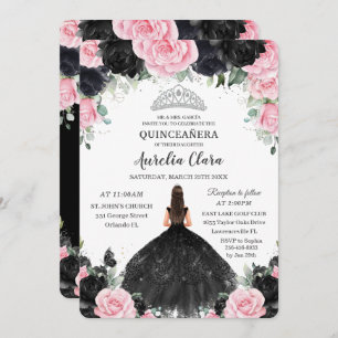 Convites Princesa Floral Rosa Negra - Prata Silver Quinceañ