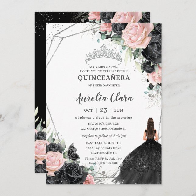 Convites Princesa Floral Rosa Negra Silver Quinceañera (Frente/Verso)