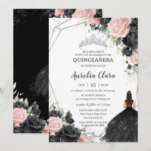 Convites Princesa Floral Rosa Negra Silver Quinceañera