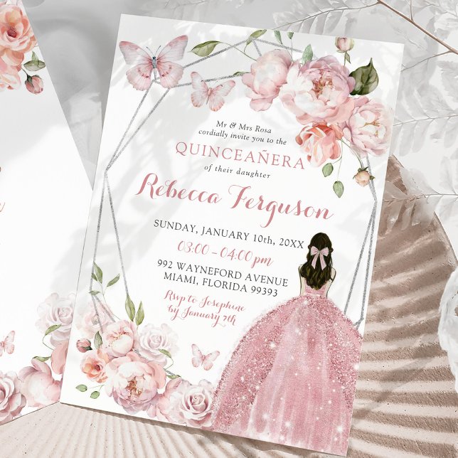 Convites Princesa Floral Rosa-Rosa Mexicana Quinceañera (Criador carregado)
