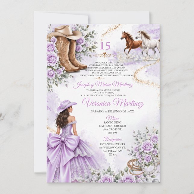 Convites Princesa Floral Roxa Mexicana Ocidental 15 Anos (Frente)