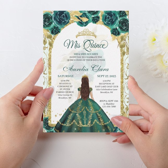 Convites Princesa Floral Verde Arco Dourado Quinceanera (Criador carregado)