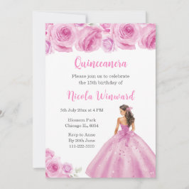 Convites Princesa Floral, Vestido de Rosa claro Quinceanera