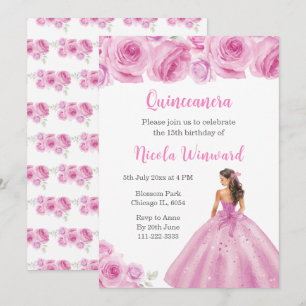Convites Princesa Floral, Vestido de Rosa claro Quinceanera