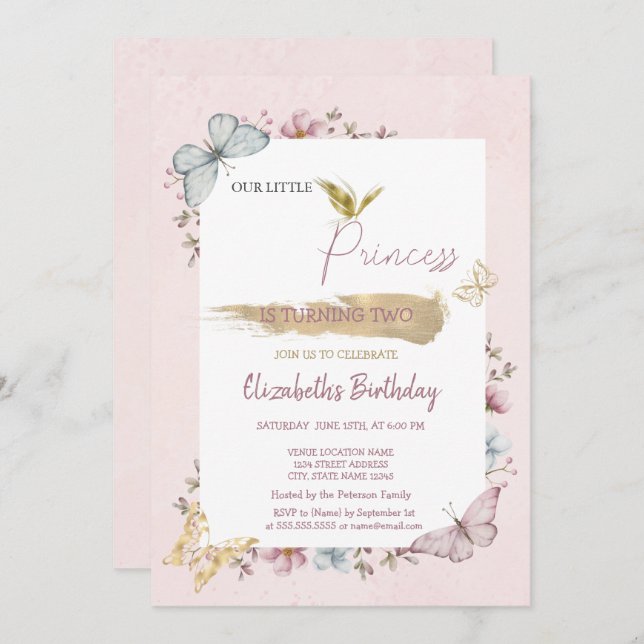 Convites Princesa Flores Borboletas Rosa Aniversário (Frente/Verso)