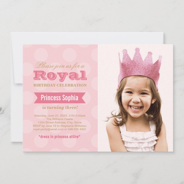 Convites Princesa Foto Meninas Aniversário Rosa Dourado Rea (Frente)