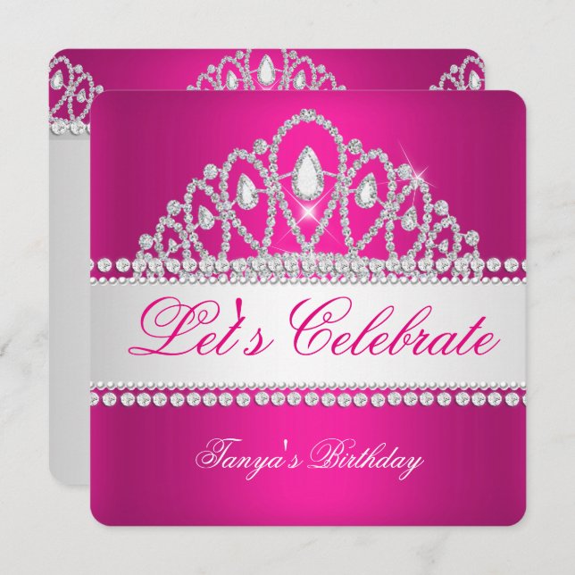 Convites Princesa Fuchsia White Diamond Tiara Birthday (Frente/Verso)