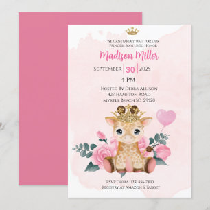 Convites  Princesa Giraffe Rosa Chá de fraldas Floral Conv