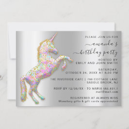 Convites Princesa Glitter Dourada Unicorn Prata Rosa