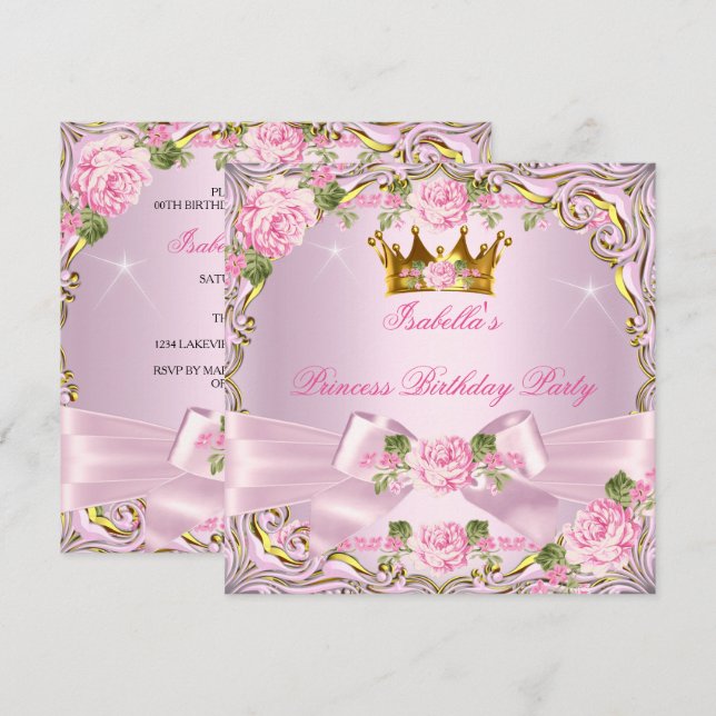 Convites Princesa Lindas Rosas Rosadas Douradas Aniversário (Frente/Verso)