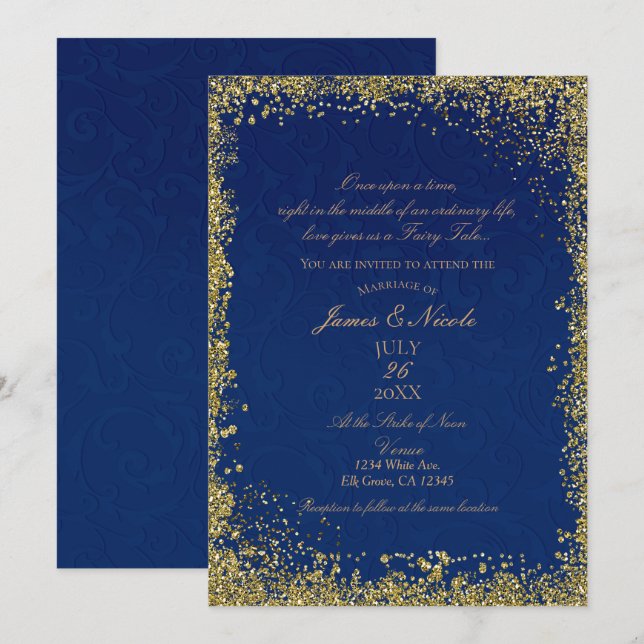 Convites Princesa Livro de Histórias Casamento Azul Naval D (Frente/Verso)