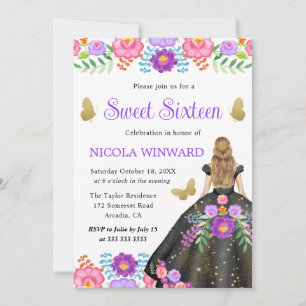 Convites Princesa Loira Vestido Floral Mexicano Sweet 16