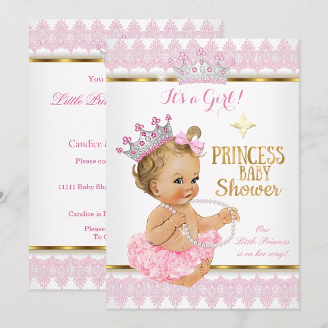 Convites Princesa Loura Menina Chuveiro de Bebê Rosa Dourad (Frente/Verso)