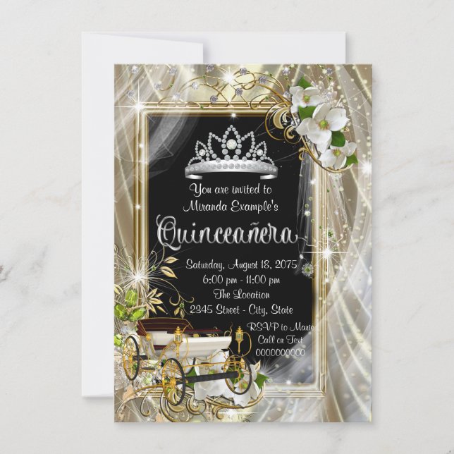 Convites Princesa Mágica Preta e Dourada Quinceañera (Frente)