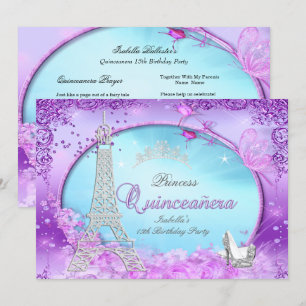 Convites Princesa Mágica Quinceanera Roxo Azul Turquesa