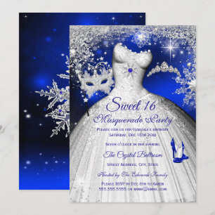 Convites Princesa Máscara Sweet 16 Azul Real Prata