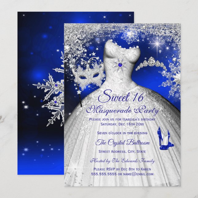 Convites Princesa Máscara Sweet 16 Azul Real Prata (Frente/Verso)