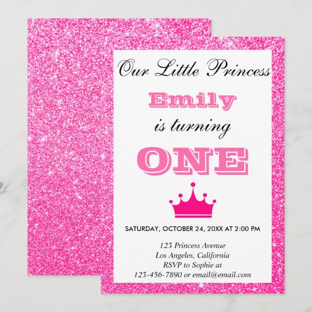 Convites Princesa Menina Rosa Brilhante Primeiro Aniversári (Frente/Verso)