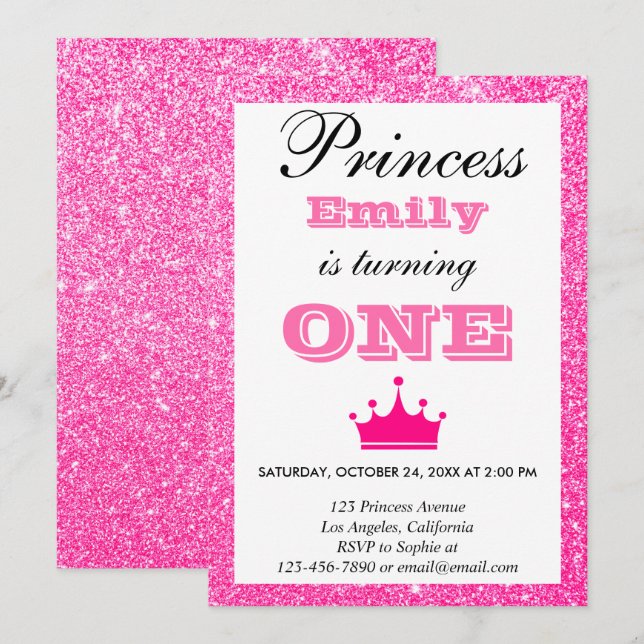 Convites Princesa Menina Rosa Brilhante Primeiro Aniversári (Frente/Verso)