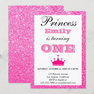 Convites Princesa Menina Rosa Brilhante Primeiro Aniversári