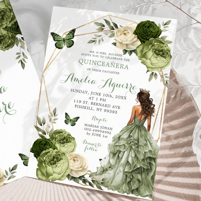 Convites Princesa Mexicana Butterfly verde Quinceañera (Criador carregado)