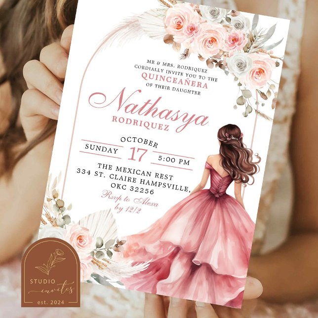 Convites Princesa Mexicana de Rosa Claro Quinceanera (Criador carregado)