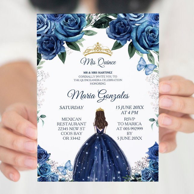 Convites Princesa Mexicana Dourada e Marinho Quinceanera (Criador carregado)