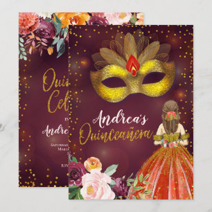 Convites Princesa mexicana vermelha e Dourado Quinceañera
