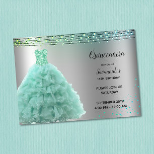 Convites Princesa Mint Green Gown String Luz Quinceanera