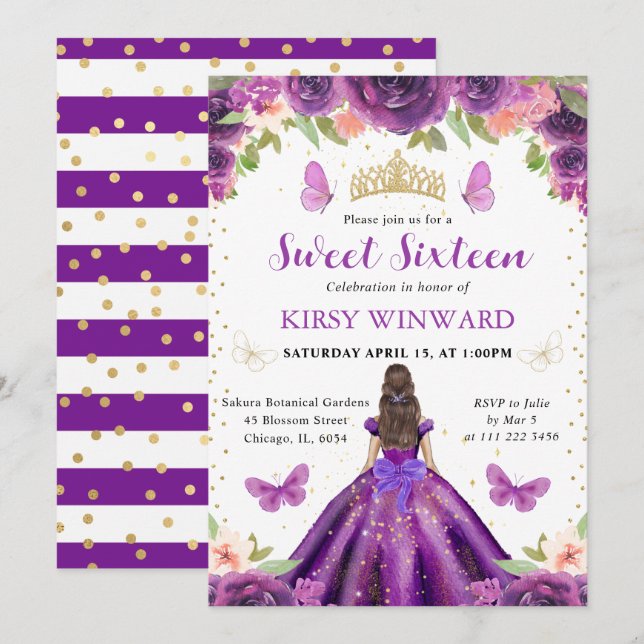Convites Princesa Morena de Vestido Roxo Doce 16 (Frente/Verso)