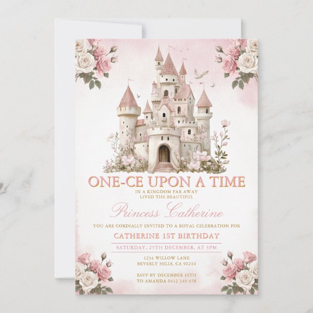 Convites Princesa ONE-CE Era uma vez 1º aniversário Castelo (Frente)